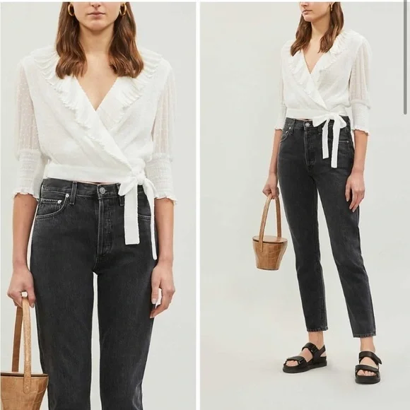 MWT Maje Plumeti Cropped White Wrap Ruffle V-neck Wrap Blouse Size 2 NEW - Picture 1 of 15